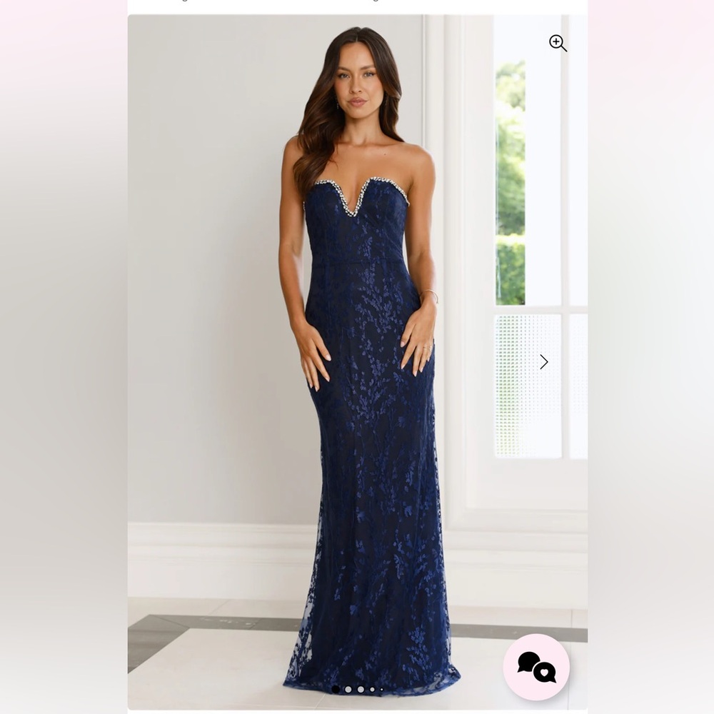 Hello Molly Navy Blue Strapless Lace Evening Gown